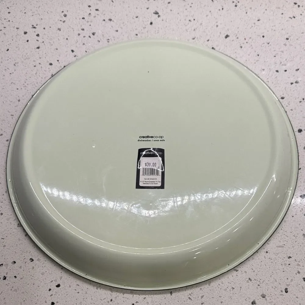 Creative Co-Op Round Enamel Tin Tray Mint Green Welcome to our home 14.5” NWT